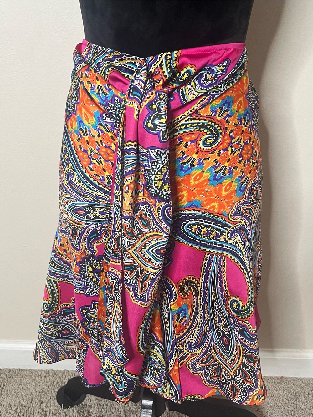 Ralph Lauren Women’s Hot Pink Paisley Satin Drape Front Flounce Hem Mini Skirt L